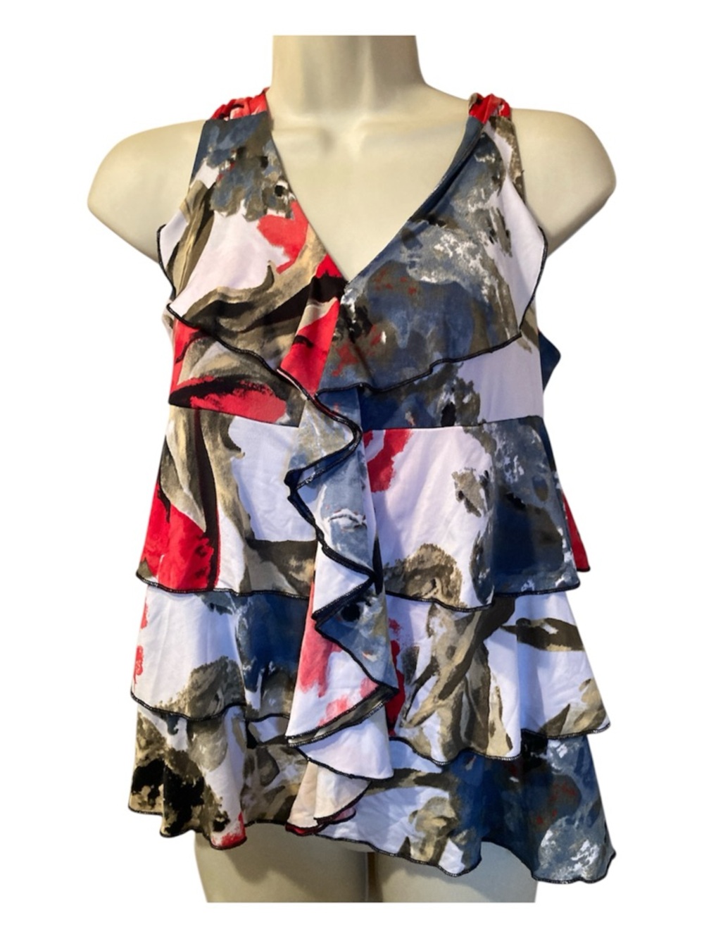 Bali Ruffle Tiered V‑Neck Camisole in Blue, Red, White, Gray